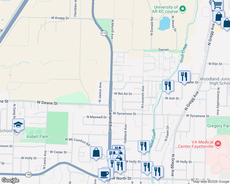 map of restaurants, bars, coffee shops, grocery stores, and more near 1062 West Bel Air Drive in Fayetteville