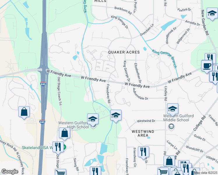 map of restaurants, bars, coffee shops, grocery stores, and more near 642 Friendway Road in Greensboro