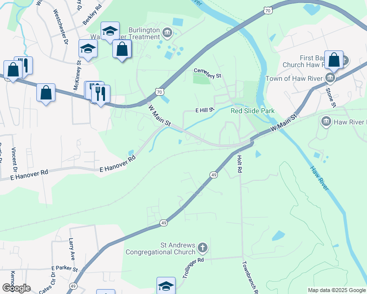 map of restaurants, bars, coffee shops, grocery stores, and more near 118 Birch Drive in Haw River