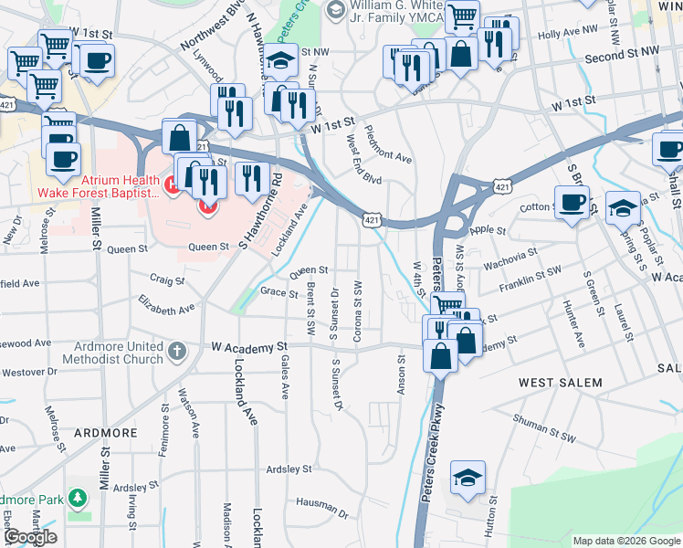 map of restaurants, bars, coffee shops, grocery stores, and more near 412 Corona Street in Winston-Salem