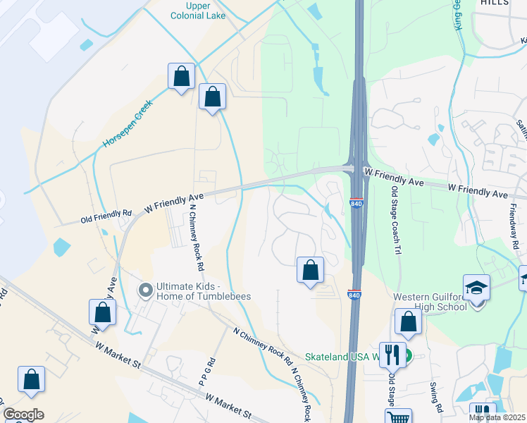 map of restaurants, bars, coffee shops, grocery stores, and more near 7131 West Friendly Avenue in Greensboro