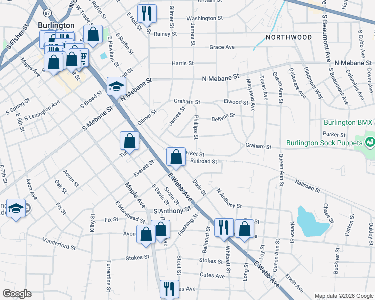 map of restaurants, bars, coffee shops, grocery stores, and more near 203 North Flanner Street in Burlington