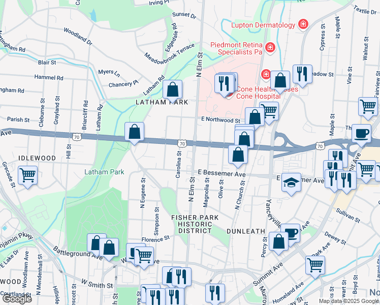 map of restaurants, bars, coffee shops, grocery stores, and more near 1013 North Elm Street in Greensboro
