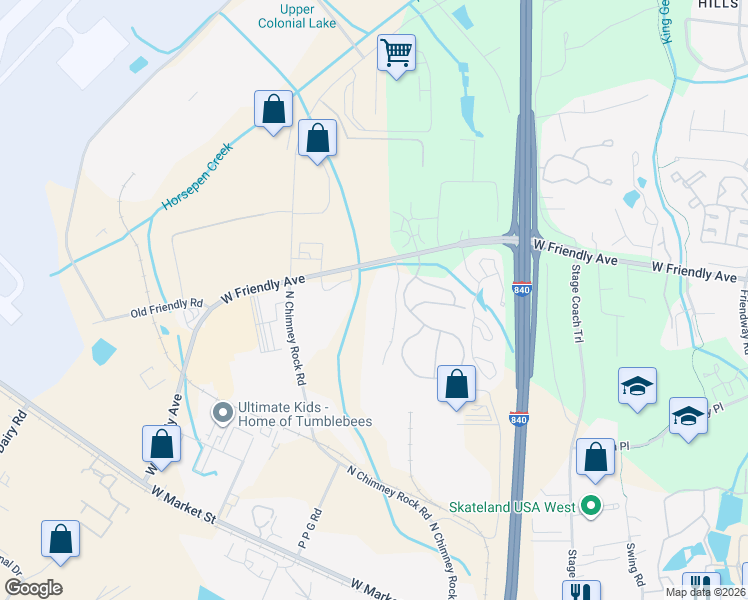map of restaurants, bars, coffee shops, grocery stores, and more near 7125 West Friendly Avenue in Greensboro