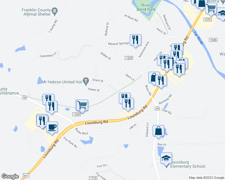 map of restaurants, bars, coffee shops, grocery stores, and more near 120 Harts Street in Louisburg