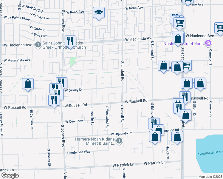 map of restaurants, bars, coffee shops, grocery stores, and more near 5607 West Dewey Drive in Las Vegas
