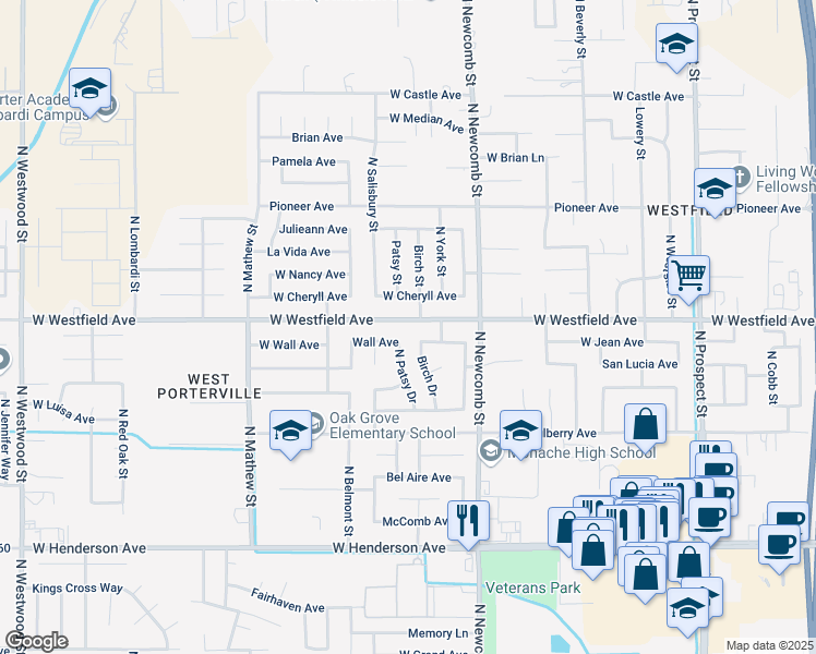 map of restaurants, bars, coffee shops, grocery stores, and more near 1690 West Wall Lane in Porterville