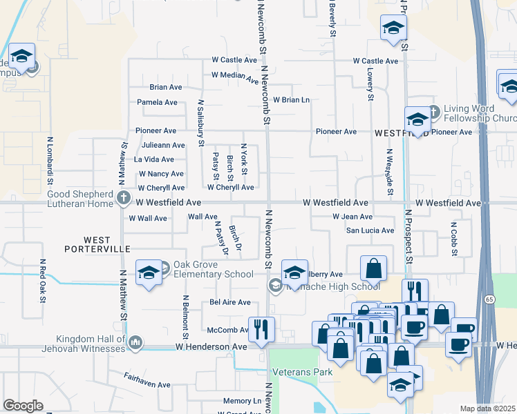 map of restaurants, bars, coffee shops, grocery stores, and more near 1630 West Wall Lane in Porterville