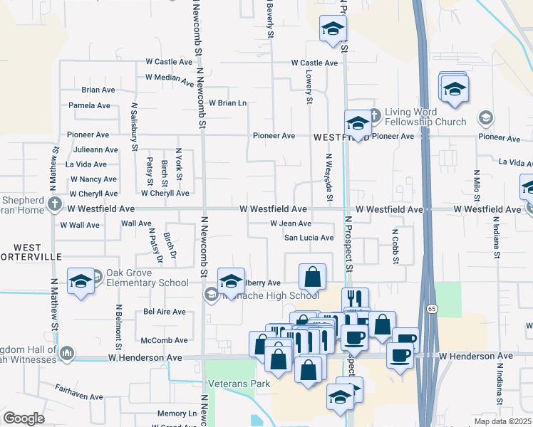 map of restaurants, bars, coffee shops, grocery stores, and more near 1421 West Westfield Avenue in Porterville