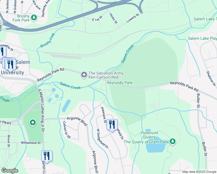 map of restaurants, bars, coffee shops, grocery stores, and more near 1113 Peachtree Street in Winston-Salem
