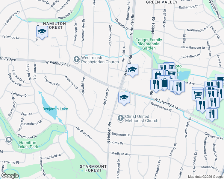map of restaurants, bars, coffee shops, grocery stores, and more near 3705 West Friendly Avenue in Greensboro