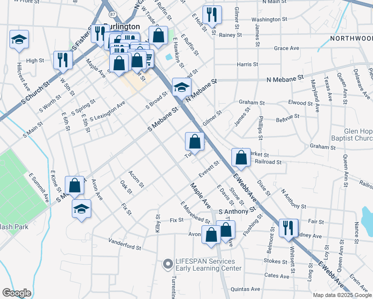 map of restaurants, bars, coffee shops, grocery stores, and more near 623 East Davis Street in Burlington