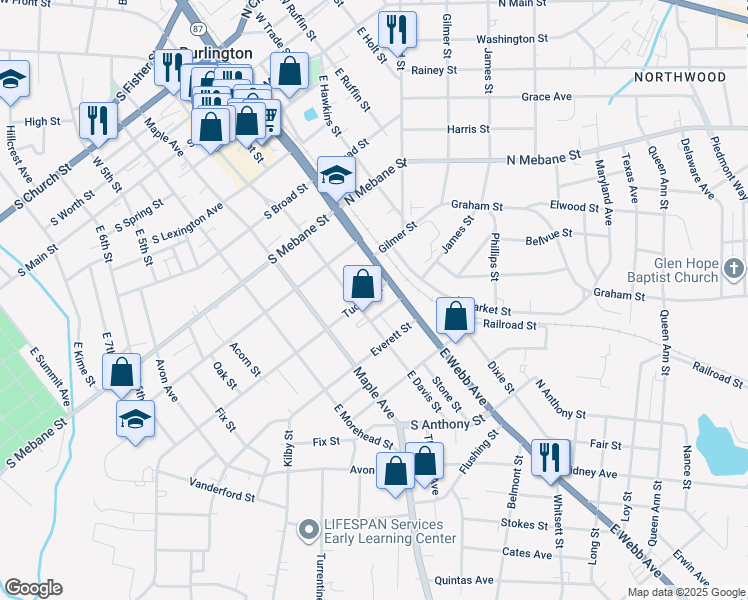 map of restaurants, bars, coffee shops, grocery stores, and more near 114 Tucker Street in Burlington