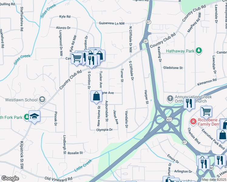 map of restaurants, bars, coffee shops, grocery stores, and more near 3830 Country Club Road in Winston-Salem