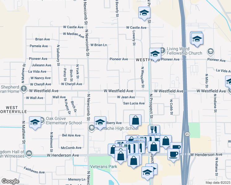 map of restaurants, bars, coffee shops, grocery stores, and more near 1421 West Westfield Avenue in Porterville