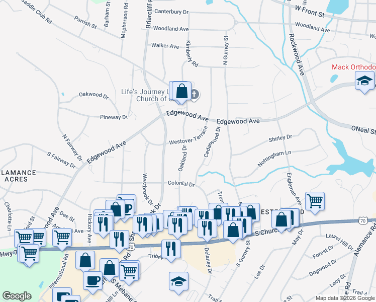 map of restaurants, bars, coffee shops, grocery stores, and more near 439 Oakland Drive in Burlington