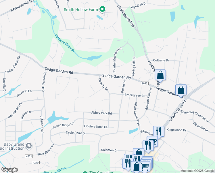 map of restaurants, bars, coffee shops, grocery stores, and more near 1525 Country Lane in Kernersville