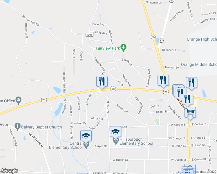 map of restaurants, bars, coffee shops, grocery stores, and more near 527 Cornelius Street in Hillsborough