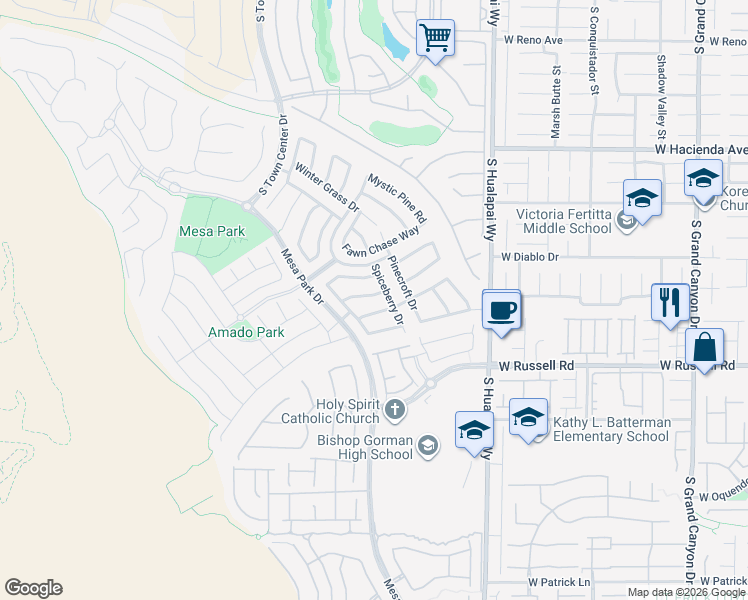 map of restaurants, bars, coffee shops, grocery stores, and more near 10420 Ashlar Point Way in Las Vegas
