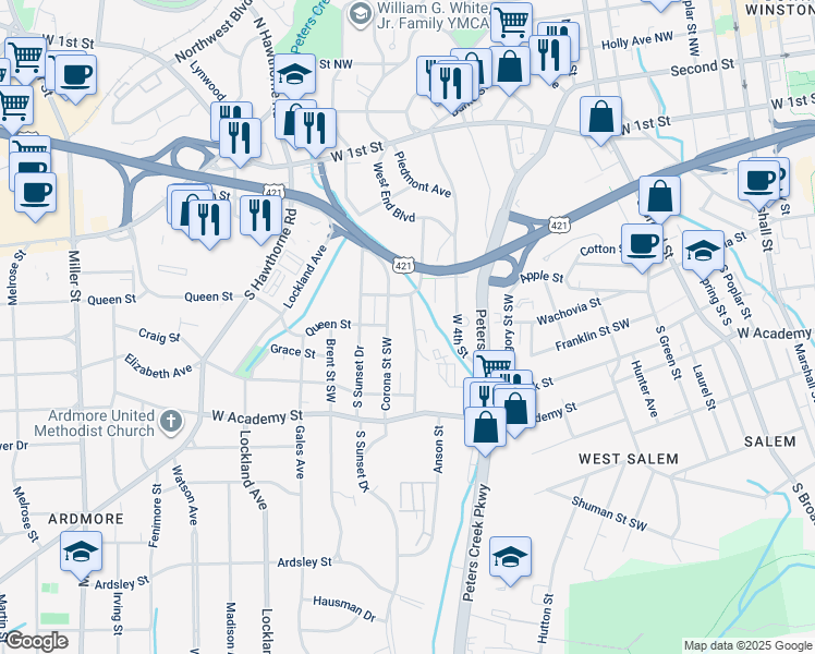 map of restaurants, bars, coffee shops, grocery stores, and more near 417 Corona Street in Winston-Salem