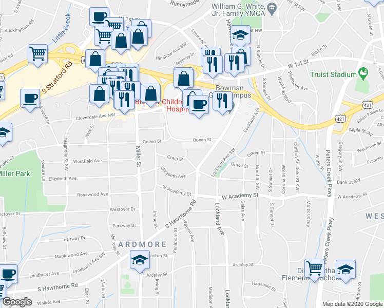 map of restaurants, bars, coffee shops, grocery stores, and more near 2025 Craig Street in Winston-Salem