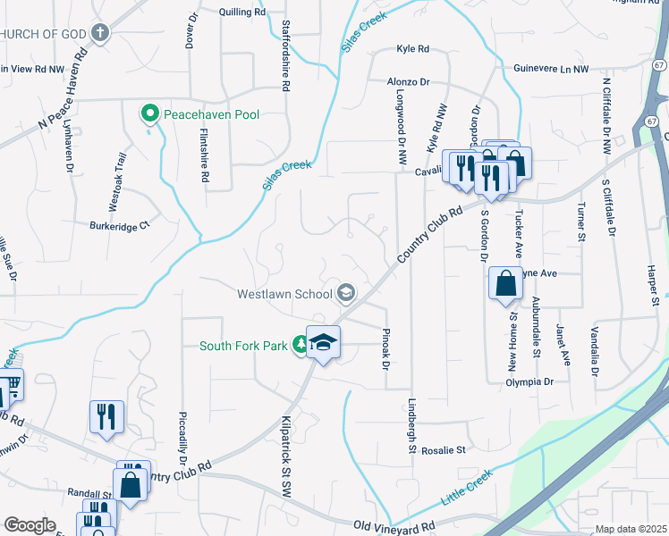 map of restaurants, bars, coffee shops, grocery stores, and more near 119 Forest View Drive in Winston-Salem