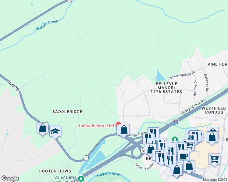 map of restaurants, bars, coffee shops, grocery stores, and more near 1013 Harpeth Valley Court in Nashville