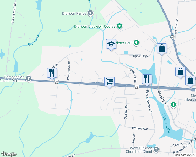 map of restaurants, bars, coffee shops, grocery stores, and more near 2225 U.S. 70 in Dickson