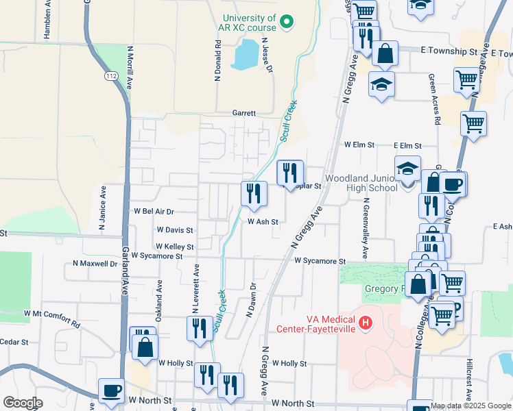 map of restaurants, bars, coffee shops, grocery stores, and more near 1882 N Pluto Drive in Fayetteville