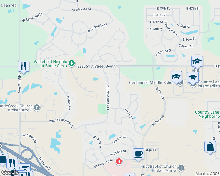map of restaurants, bars, coffee shops, grocery stores, and more near 3409 North Battle Creek Drive in Broken Arrow