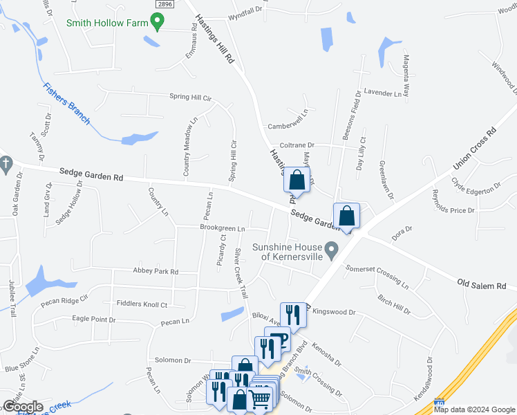 map of restaurants, bars, coffee shops, grocery stores, and more near 145 Brookgreen Court in Kernersville