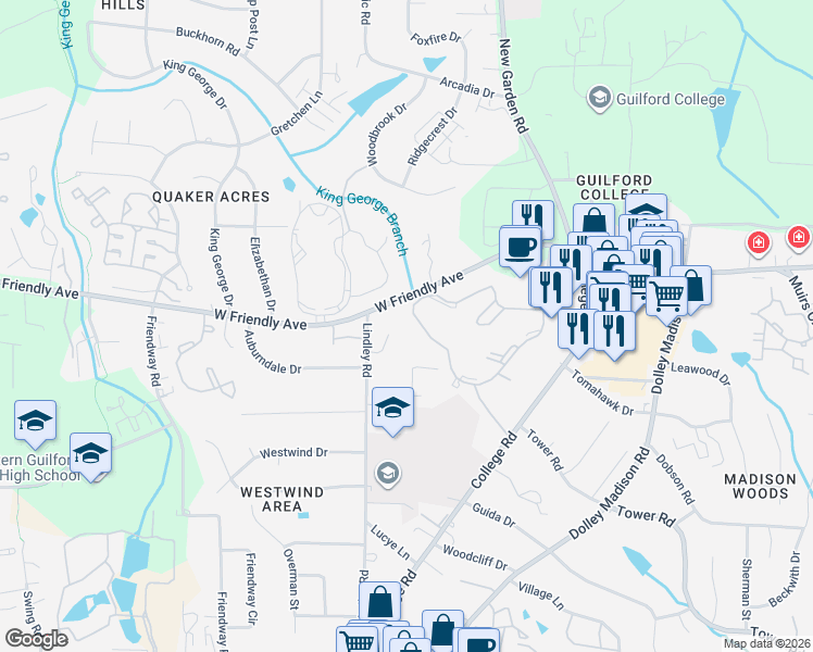 map of restaurants, bars, coffee shops, grocery stores, and more near 516 Lindley Road in Greensboro