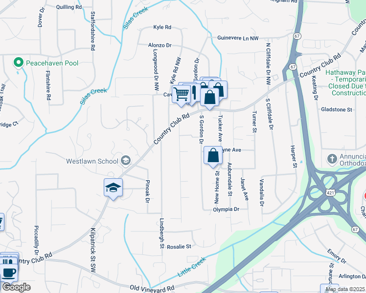 map of restaurants, bars, coffee shops, grocery stores, and more near 137 Hedgecock Avenue Southwest in Winston-Salem