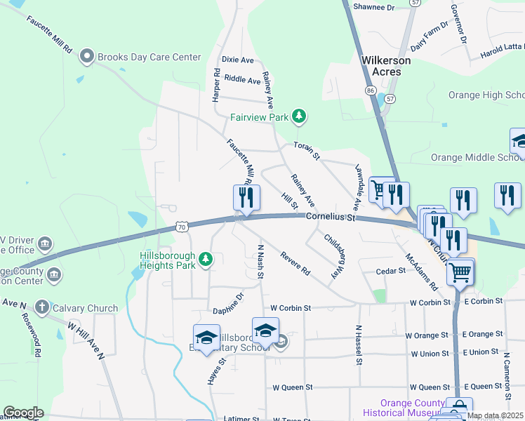 map of restaurants, bars, coffee shops, grocery stores, and more near 527 Cornelius Street in Hillsborough
