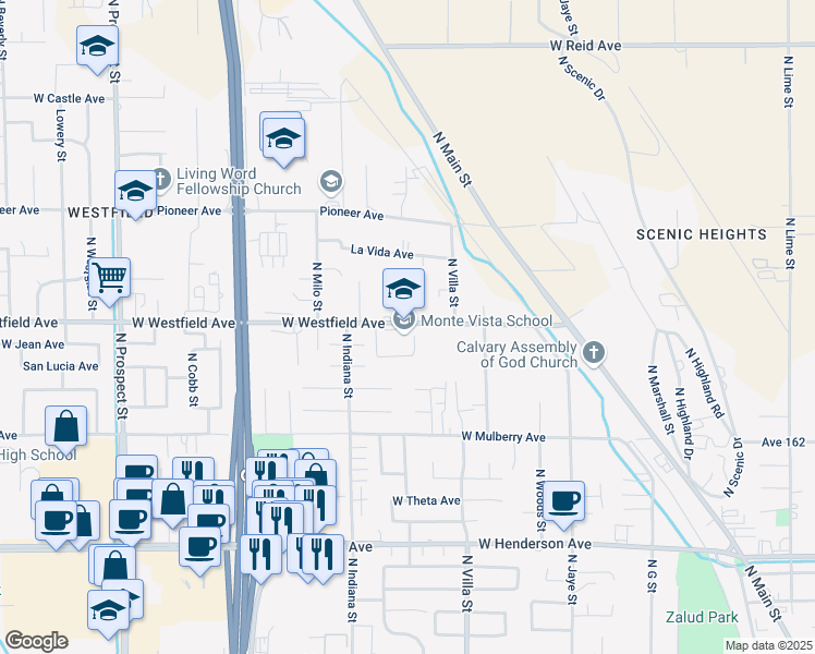 map of restaurants, bars, coffee shops, grocery stores, and more near 701 West Westfield Avenue in Porterville