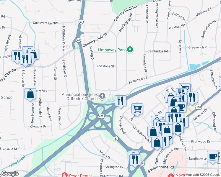 map of restaurants, bars, coffee shops, grocery stores, and more near 3412 Kinnamon Road in Winston-Salem