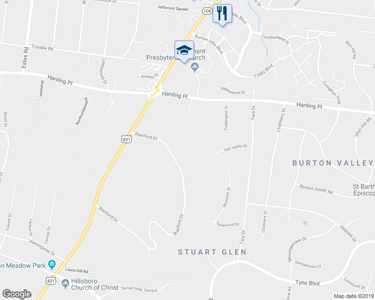 map of restaurants, bars, coffee shops, grocery stores, and more near 5142 Stanford Drive in Nashville