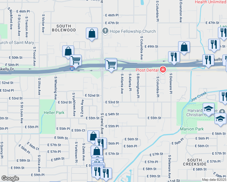 map of restaurants, bars, coffee shops, grocery stores, and more near 5211 South Lewis Court in Tulsa