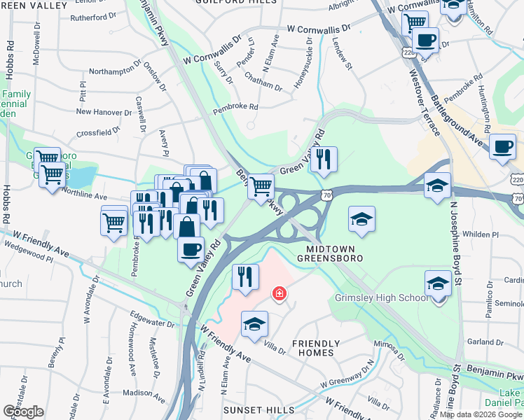 map of restaurants, bars, coffee shops, grocery stores, and more near 628 Green Valley Road in Greensboro