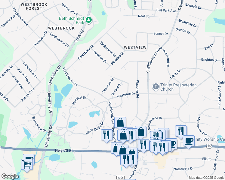 map of restaurants, bars, coffee shops, grocery stores, and more near 712 Central Drive in Elon
