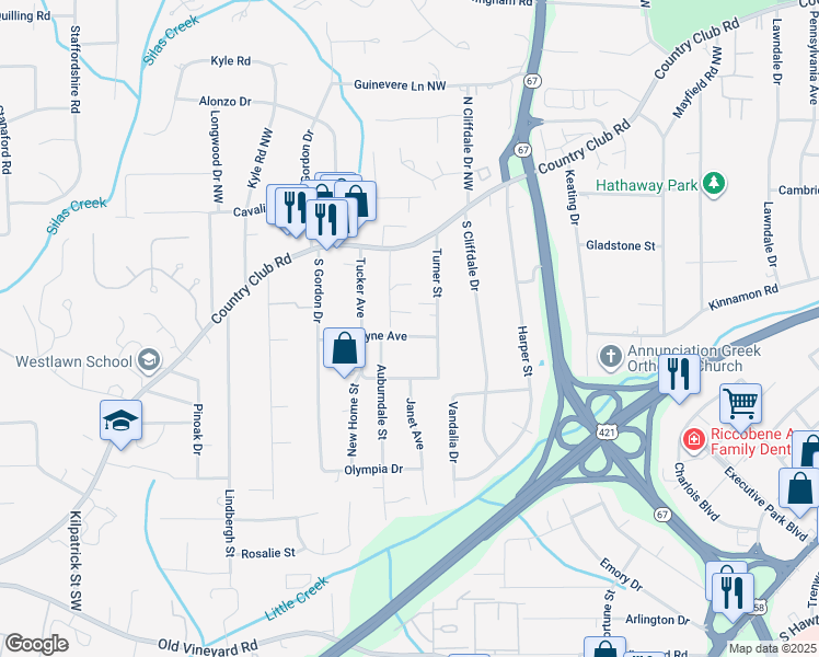 map of restaurants, bars, coffee shops, grocery stores, and more near 3816 Wayne Avenue in Winston-Salem