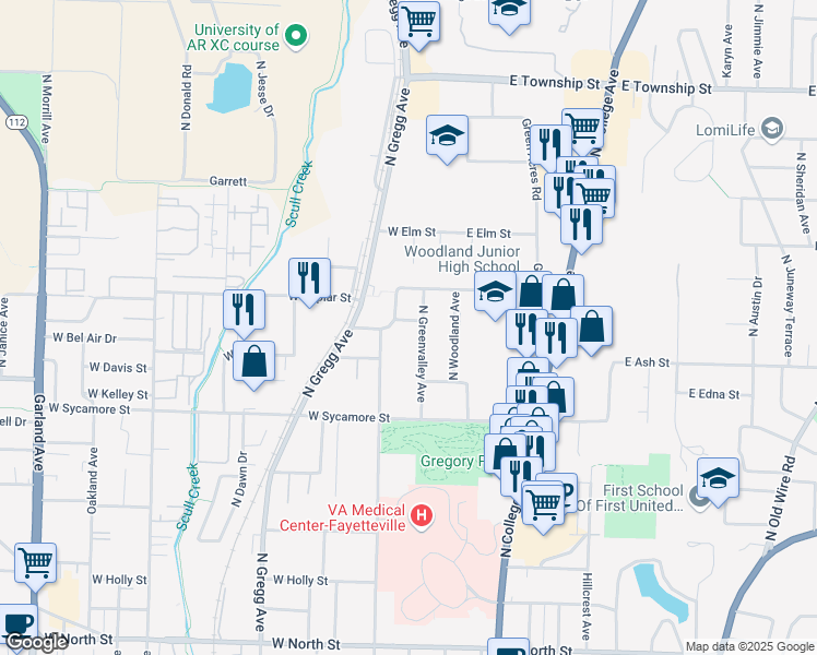 map of restaurants, bars, coffee shops, grocery stores, and more near 1840 North Woolsey Avenue in Fayetteville