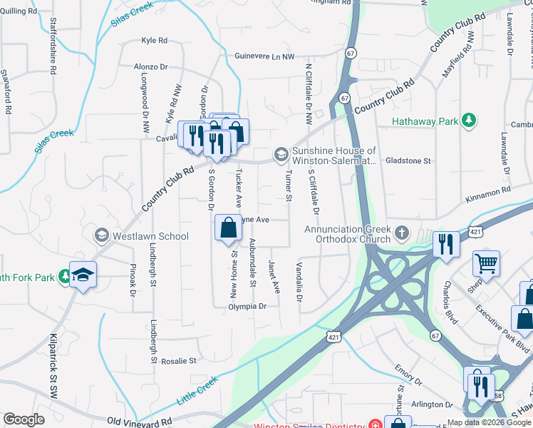 map of restaurants, bars, coffee shops, grocery stores, and more near 3830 Country Club Road in Winston-Salem