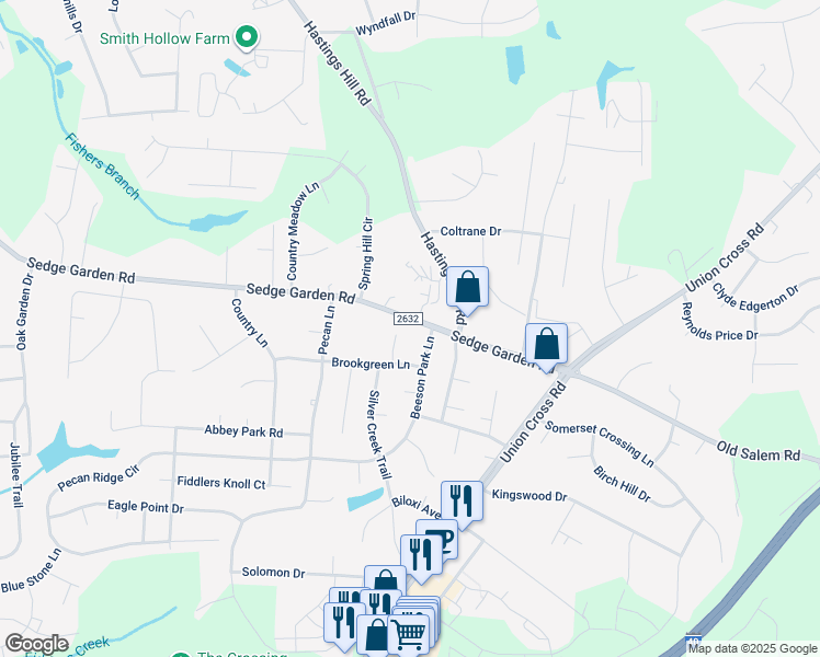 map of restaurants, bars, coffee shops, grocery stores, and more near 145 Brookgreen Court in Kernersville