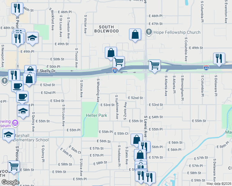 map of restaurants, bars, coffee shops, grocery stores, and more near 5212 South Yorktown Avenue in Tulsa