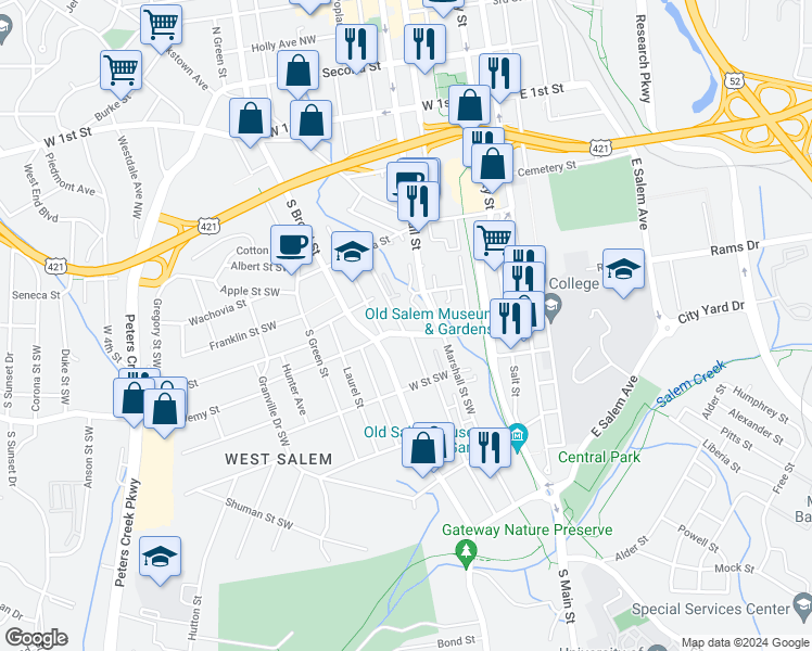 map of restaurants, bars, coffee shops, grocery stores, and more near 529 Poplar Street Southwest in Winston-Salem
