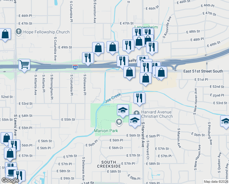 map of restaurants, bars, coffee shops, grocery stores, and more near 5206 South Harvard Avenue in Tulsa