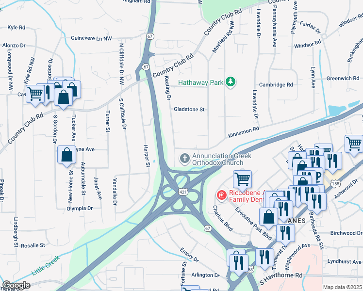map of restaurants, bars, coffee shops, grocery stores, and more near 3436 Kinnamon Road in Winston-Salem