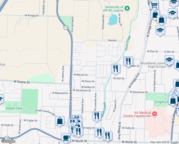 map of restaurants, bars, coffee shops, grocery stores, and more near 821 West Bel Air Drive in Fayetteville