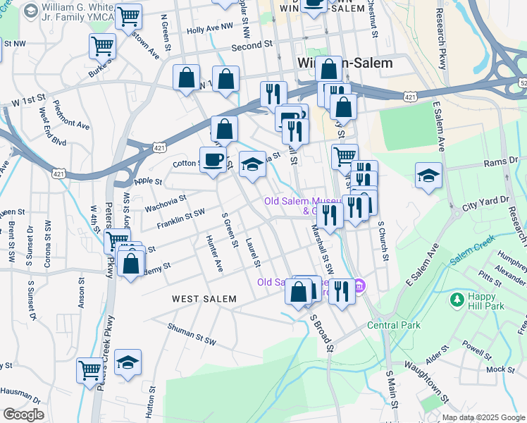 map of restaurants, bars, coffee shops, grocery stores, and more near in Winston-Salem